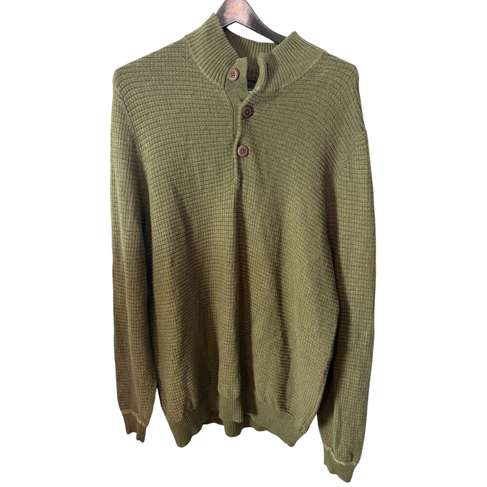 G.H. Bass & Co. Men L Olive Green Waffle Knit Mock Neck 3 Button Cotton Sweater